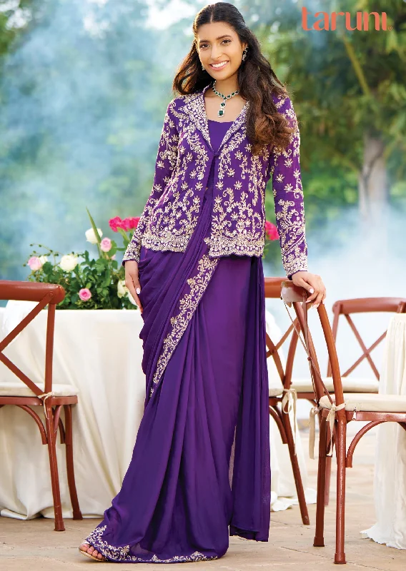 Purple Chinnon Pre-Draped Saree with Full-Sleeve Jacket Ribbed Jacket Pleated Jacket Ruffled Jacket