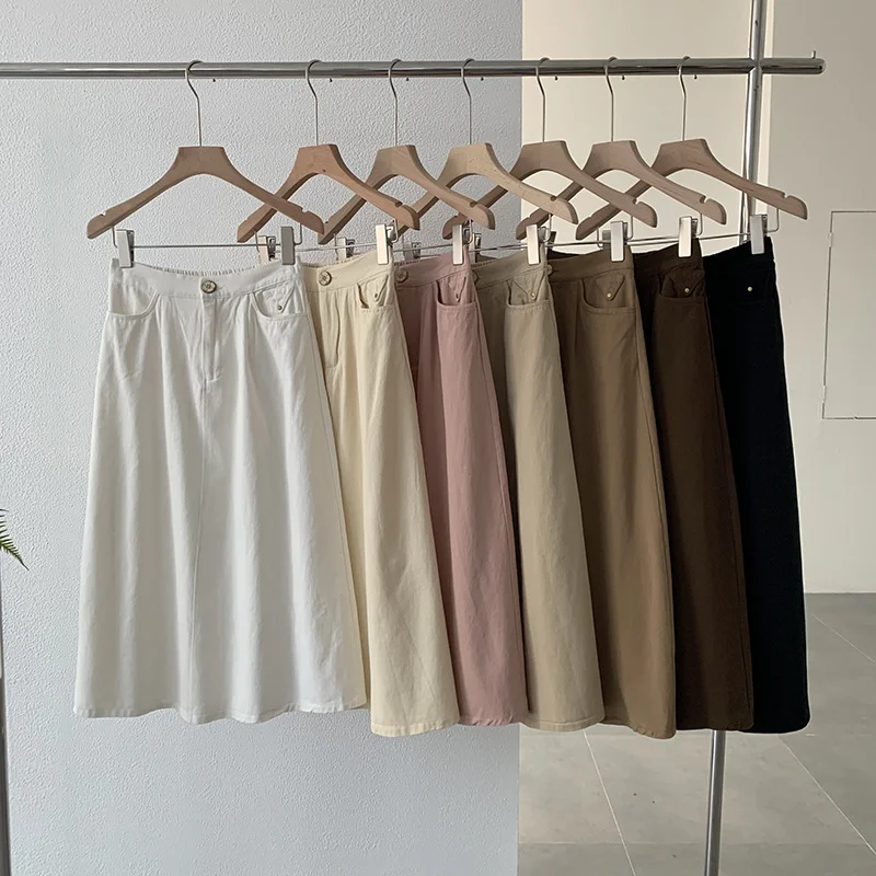 Women Summer Washed Coconut Buckle Basic Solid Color Semi-Elastic High Waist A-Line Skirt wool skirt warm