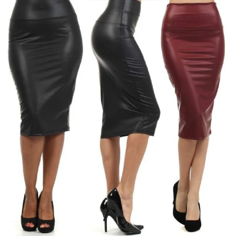 plus size high-waist faux leather pencil skirt black skirt 9 colors S/M/L/XL a-line skirt cut