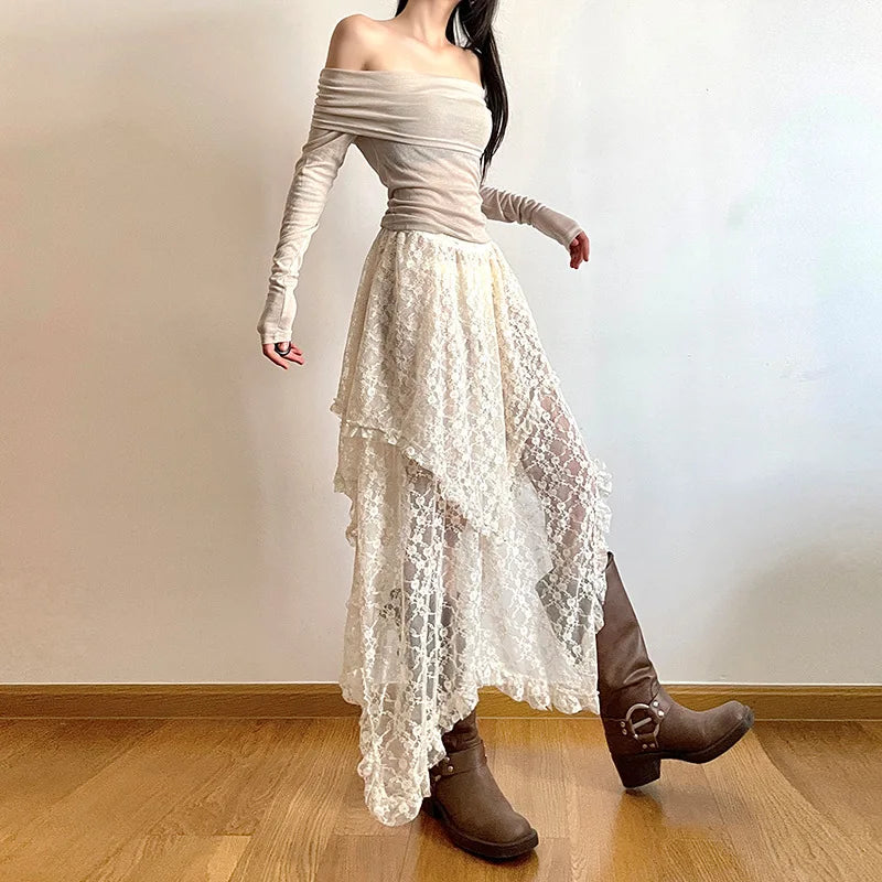 Bohemian Skirts Women Lace All-match Korean Style Hotsweet Streetwear Summer Casual Trendy Aesthetic College Asymmetrical Daily cashmere skirt fine