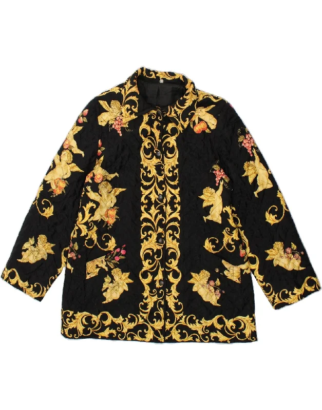 VINTAGE Womens Graphic Quilted Jacket UK 18 XL Black Paisley Polyester Chenille Fabric Brocade Fabric Lace Fabric VINTAGE Womens Graphic Quilted Jacket UK 18 XL Black Paisley Polyester Chenille Fabric Brocade Fabric Lace Fabric
