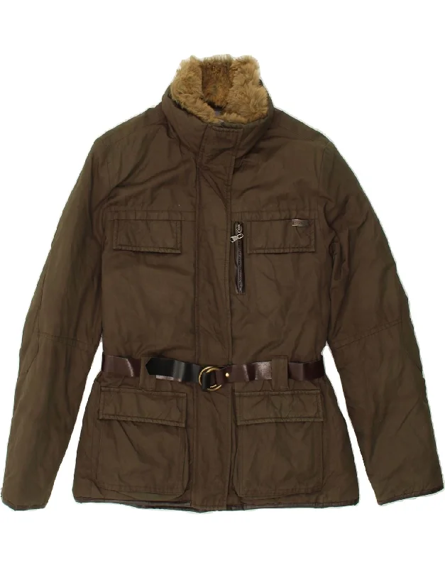 CONTE OF FLORENCE Womens Utility Jacket IT 40 Small Khaki Cotton Notch Collar Peter Pan Collar Cowl Neck CONTE OF FLORENCE Womens Utility Jacket IT 40 Small Khaki Cotton Notch Collar Peter Pan Collar Cowl Neck