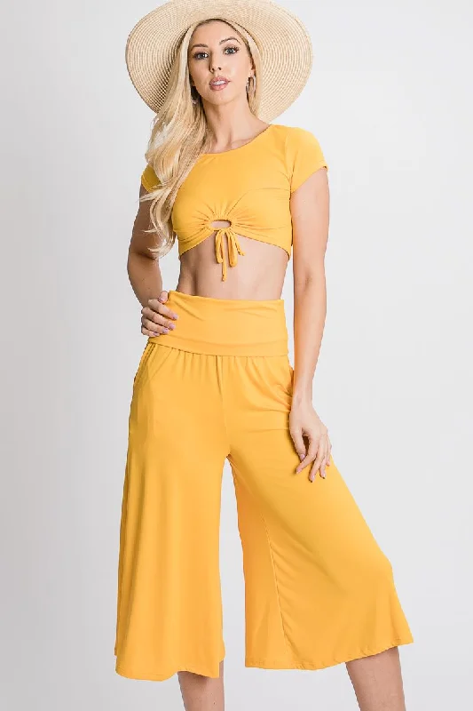 YELLOW O-RING CROP TOP AND GOUCHER KNIT PANTS SET SOIN2030 Mesh Fabric Canvas Fabric Denim Fabric YELLOW O-RING CROP TOP AND GOUCHER KNIT PANTS SET SOIN2030 Mesh Fabric Canvas Fabric Denim Fabric