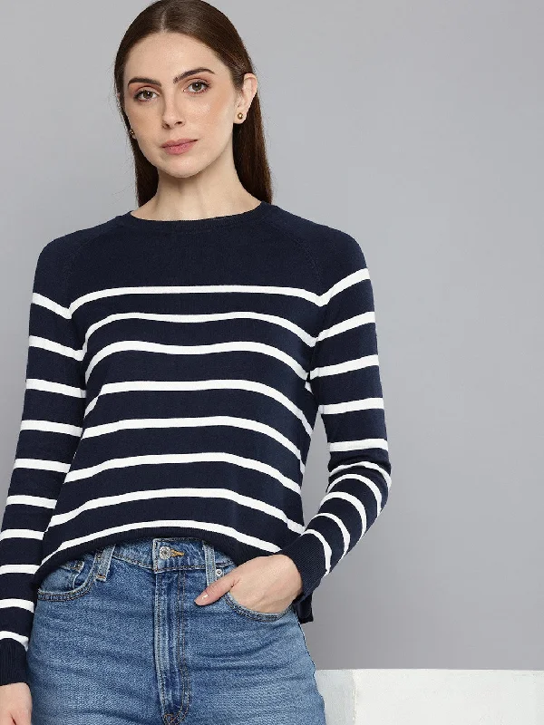 Women's Striped Navy Crew Neck Sweater Hooded Sweater Collared Sweater Shawl Collar