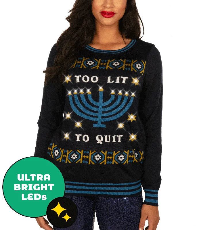 Women's Too Lit to Quit Light Up Ugly Hanukkah Sweater Print Jacquard Patchwork