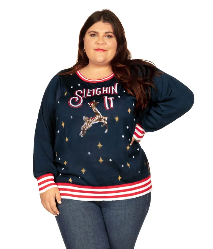 Women's Sleighin' It Plus Size Ugly Christmas Sweater Fitted Loose Oversized