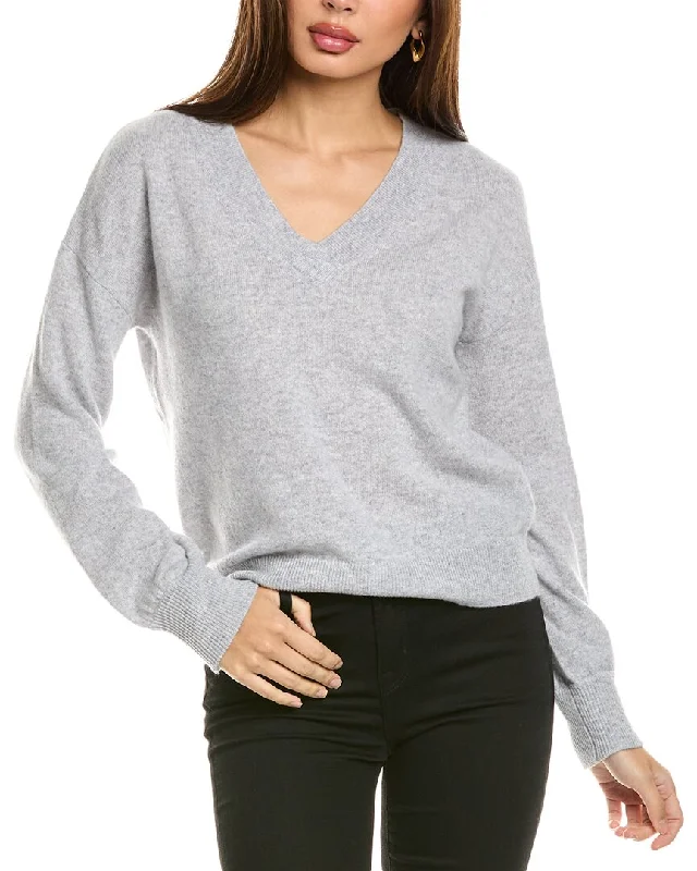 Forte Cashmere Gathered Sleeve V-Neck Cashmere Sweater Chenille Blend Fleece Blend Nylon Blend