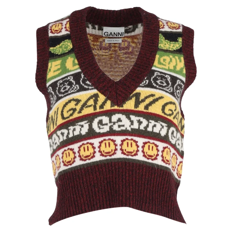 Ganni Smiley Face Sweater Waistcoat In Multicolor Recycled Wool Sweater Knitwear Pullover