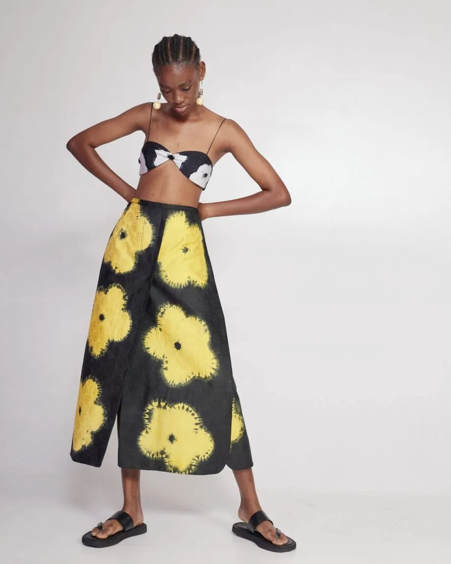 Abiola Olusola Black and yellow hand-dyed floral print Fure Skirt lace skirt romantic