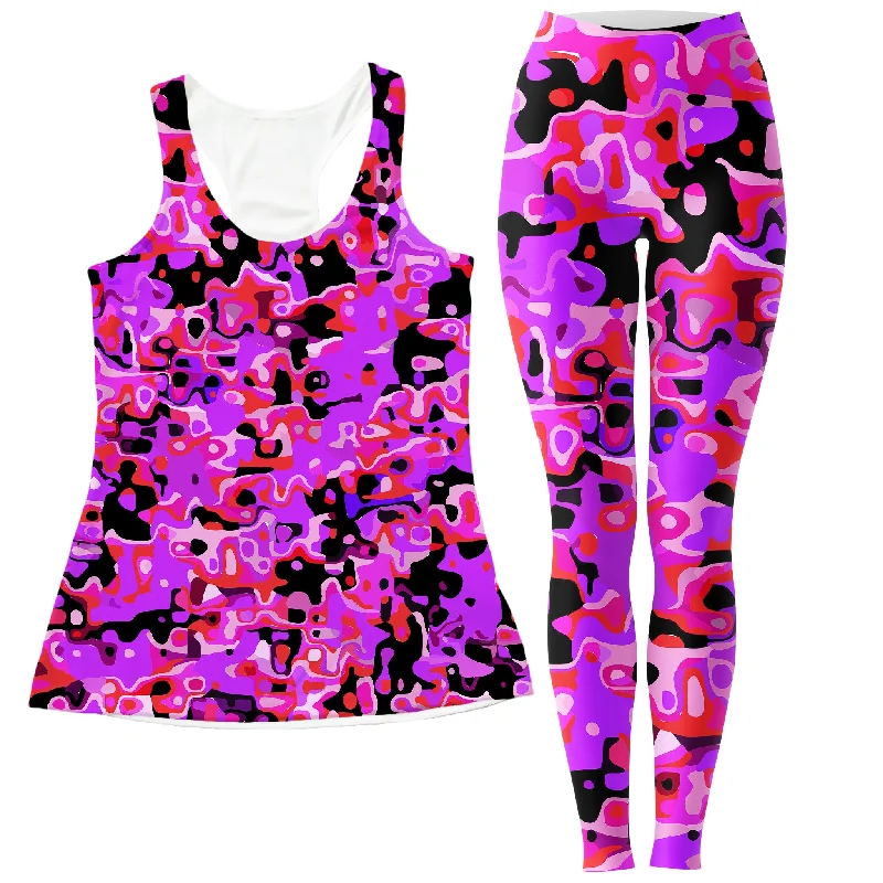 Purple Red and Black Rave Camo Melt Women's Tank and Leggings Combo fitness tank top