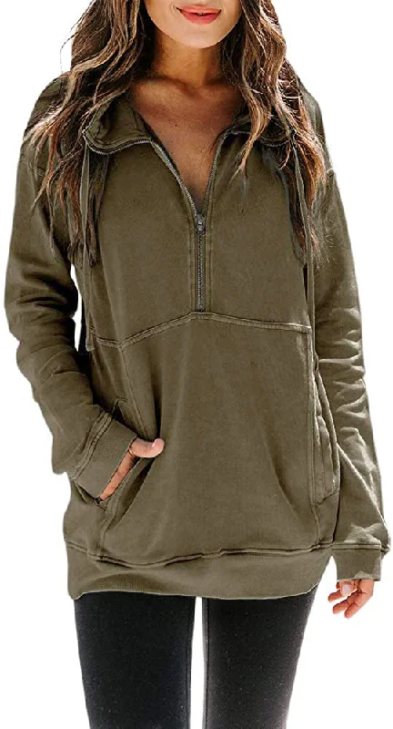 Haute Edition Women's Half Zip Slouchy Pullover Sweatshirt with Plus Hoodie with Hem Patch Decorative Personalized