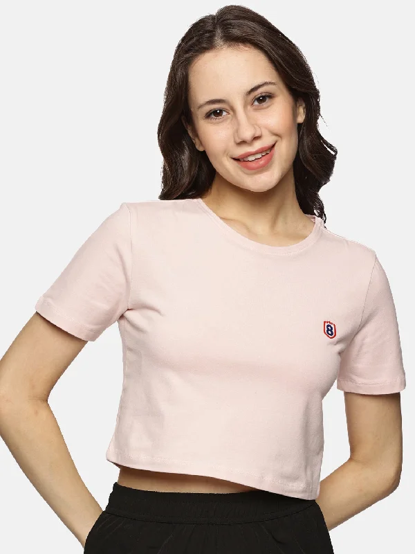 Women Cotton Spandex Short Sleeve Crop Top (Light Pink) Layered Multi-layer Single Layer