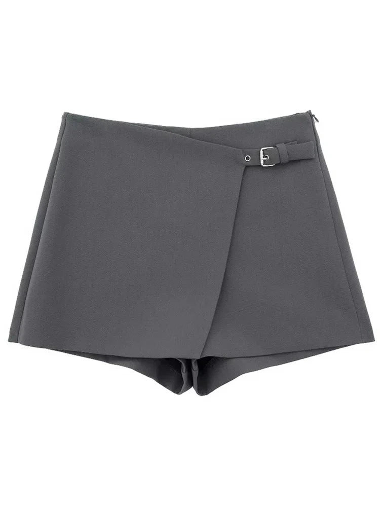 Women Fashion Belt Design Asymmetrical Mini Skirt Shorts Lady Side Zipper Hot Shorts Chic Pantalone leather skirt refined