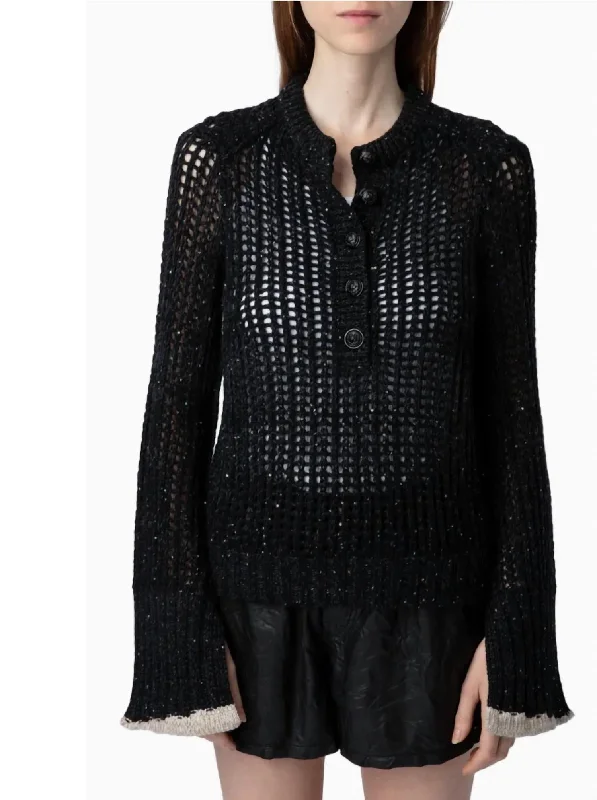 Halty Weco Open Stitch Sweater In Noir Glossy Satin Silk