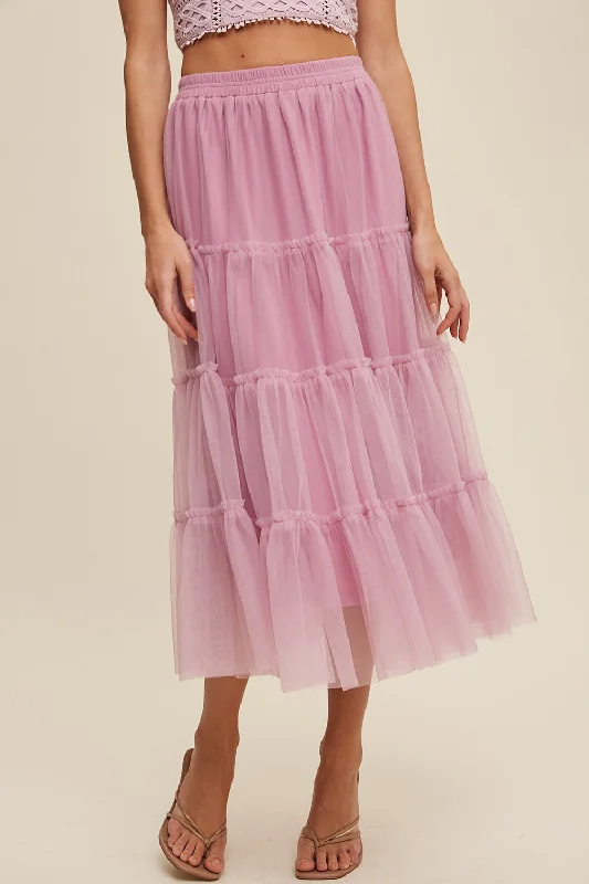 Mauve Tiered Elastic Waist Maxi Skirt midi skirt versatile