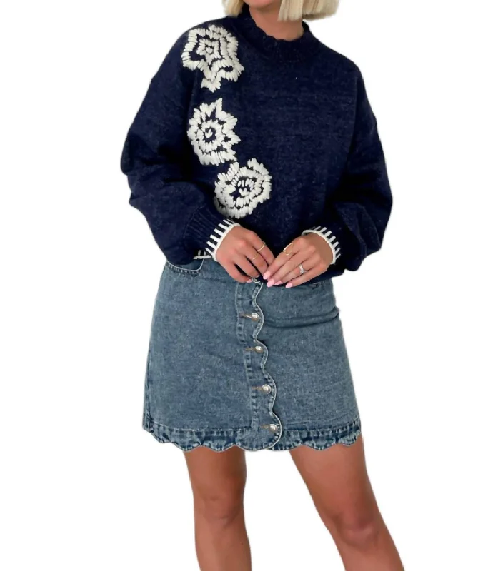 Just Checking Sweater In Navy Floral Terry Terry Cloth Terry Knit