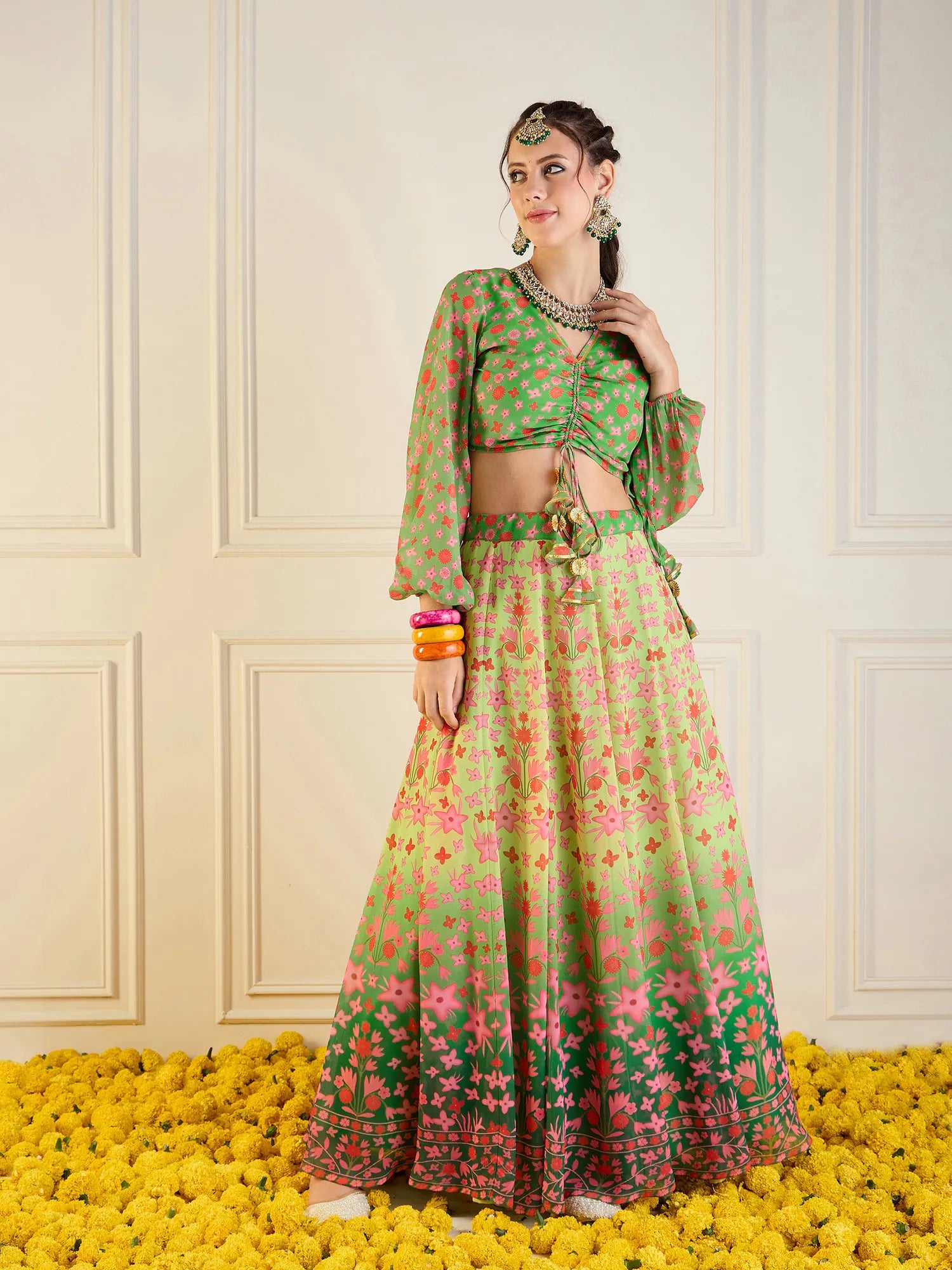 Women Green Floral Anarkali Skirt With Ruching Crop Top-SHSET95947 Wool Fabric Cashmere Fabric Tweed Fabric