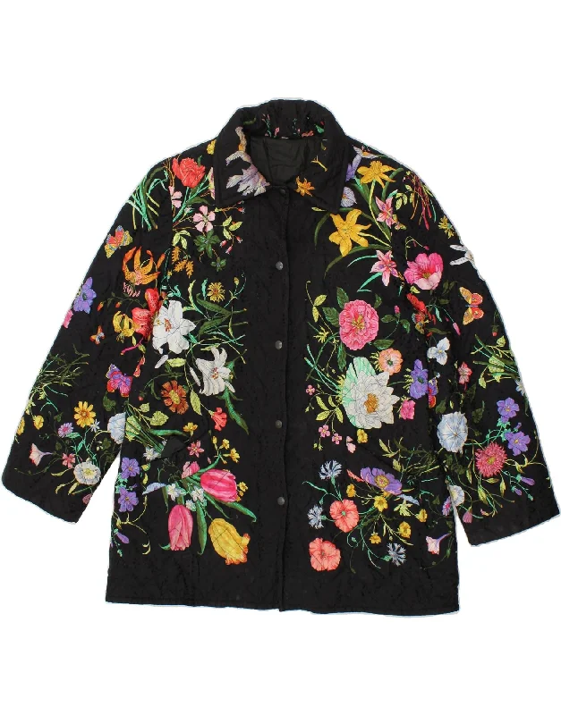 VINTAGE Womens Graphic Quilted Jacket UK 18 XL Black Floral Polyester Jacket Blazer Coat VINTAGE Womens Graphic Quilted Jacket UK 18 XL Black Floral Polyester Jacket Blazer Coat