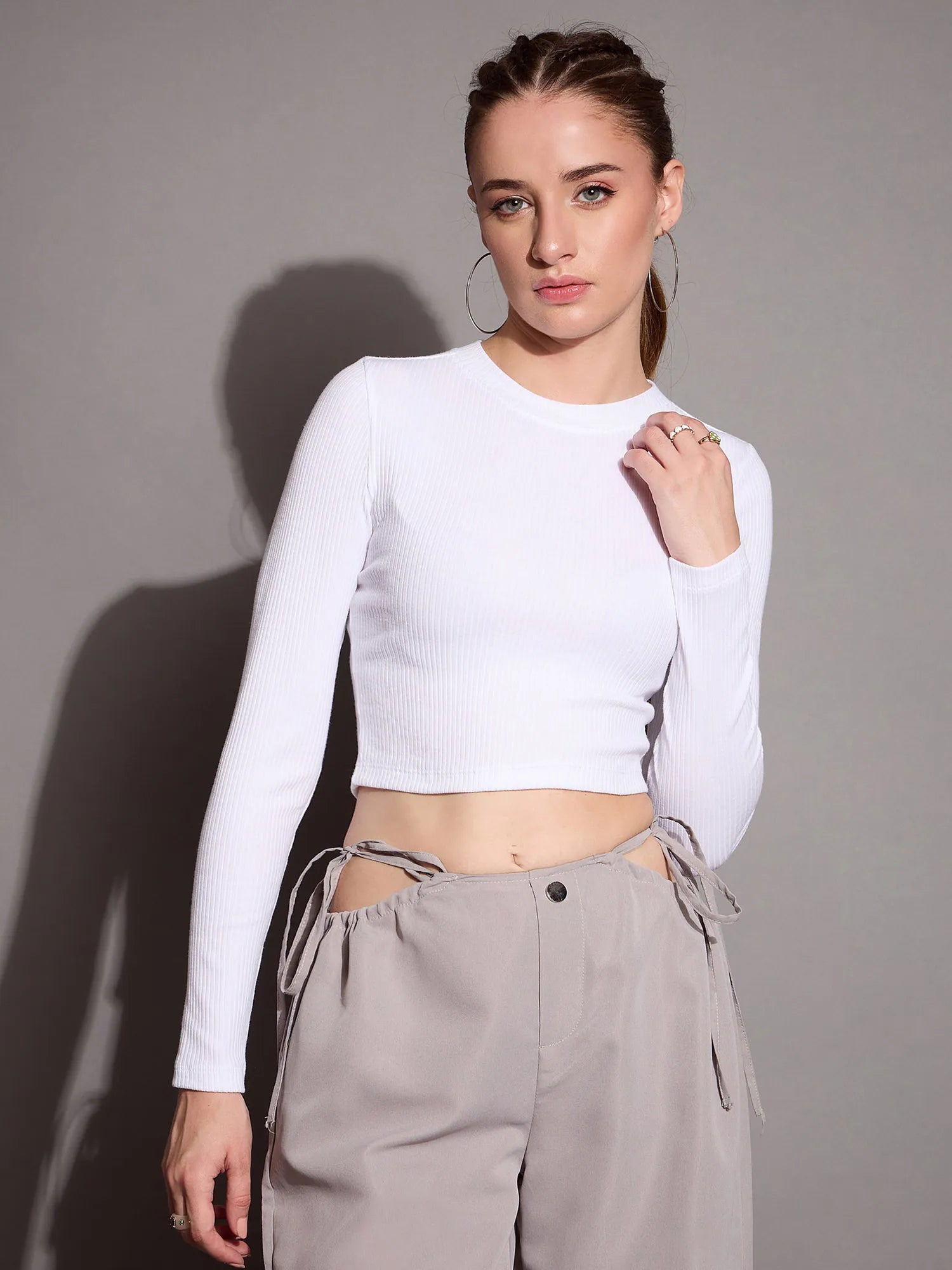 Women White Rib Full Sleeve Crop Top-SFTOPS42073 Summer Crop Top Casual Short Sleeve