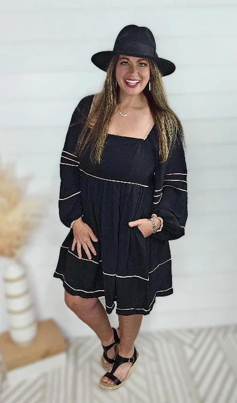 BLACK/TAUPE LONG SLEEVE WOVEN DRESS WITH BINDING DETAIL & SIDE POCKETS empire Waist empire BLACK/TAUPE LONG SLEEVE WOVEN DRESS WITH BINDING DETAIL & SIDE POCKETS empire Waist empire