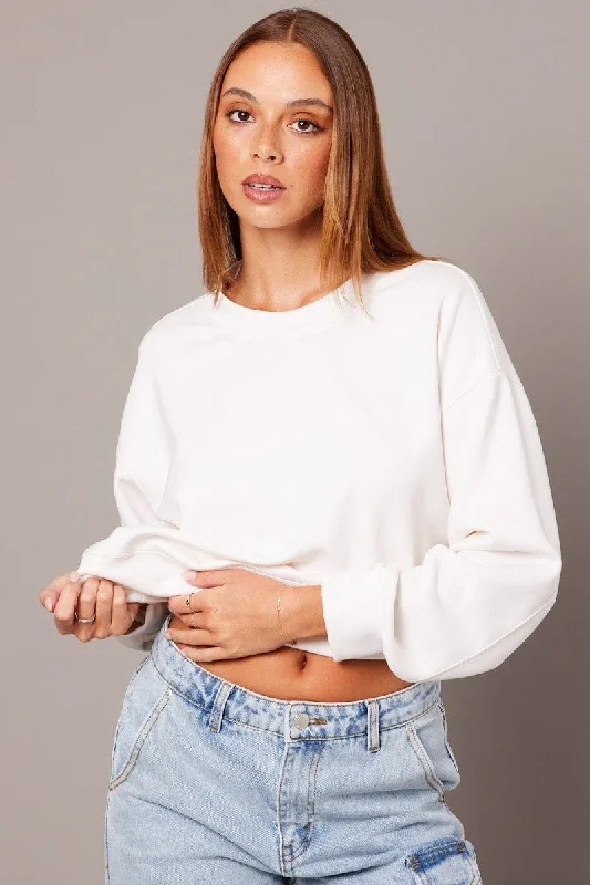 White Crop Sweater Long Sleeve Oversized Glossy Satin Silk