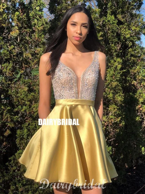 A-line Yellw Satin Backless Sequin Sleeveless Homecoming Dress, FC4013 Off-the-shoulder Chic Trendy A-line Yellw Satin Backless Sequin Sleeveless Homecoming Dress, FC4013 Off-the-shoulder Chic Trendy