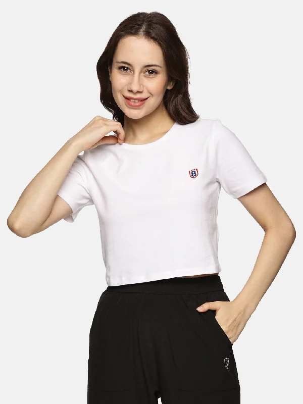 Women Cotton Spandex Short Sleeve Crop Top (White) Elegant Classic Vintage