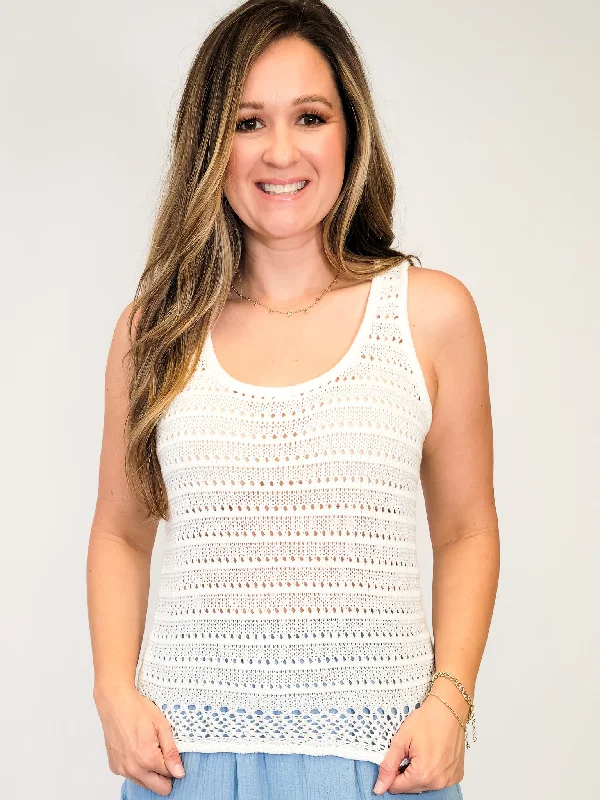 SLEEVELESS CROCHET SCOOP NECK SWEATER TANK - WHITE Stretchy Elastic Breathable