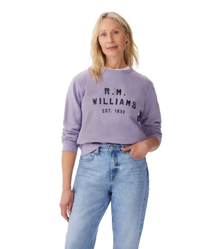 R.M.Williams Stencil Crewneck Sweatshirt - Lavender Hoodie with Emblem Brand Identity R.M.Williams Stencil Crewneck Sweatshirt - Lavender Hoodie with Emblem Brand Identity