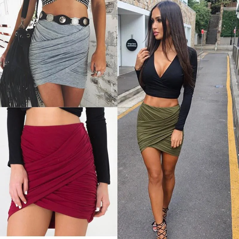 Street Fashion Women Lady High Waist Short Skirt Sexy Bandage Bodycon Cross Fold Pencil Skirts 5 Colors denim skirt fashionable