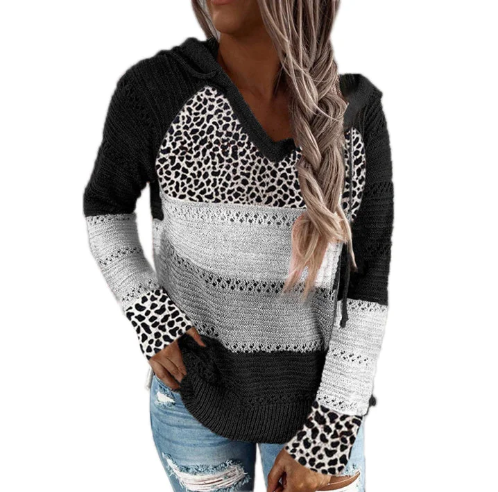 Haute Edition Women's Pullover Colorblock Leopard Sweater Hoodie Hoodie with Cropped Fit Short Trendy