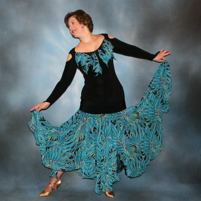 Black Converta Ballroom Dress with Turquoise Tropical Print Accents-Tara Elegant Long Evening Black Converta Ballroom Dress with Turquoise Tropical Print Accents-Tara Elegant Long Evening