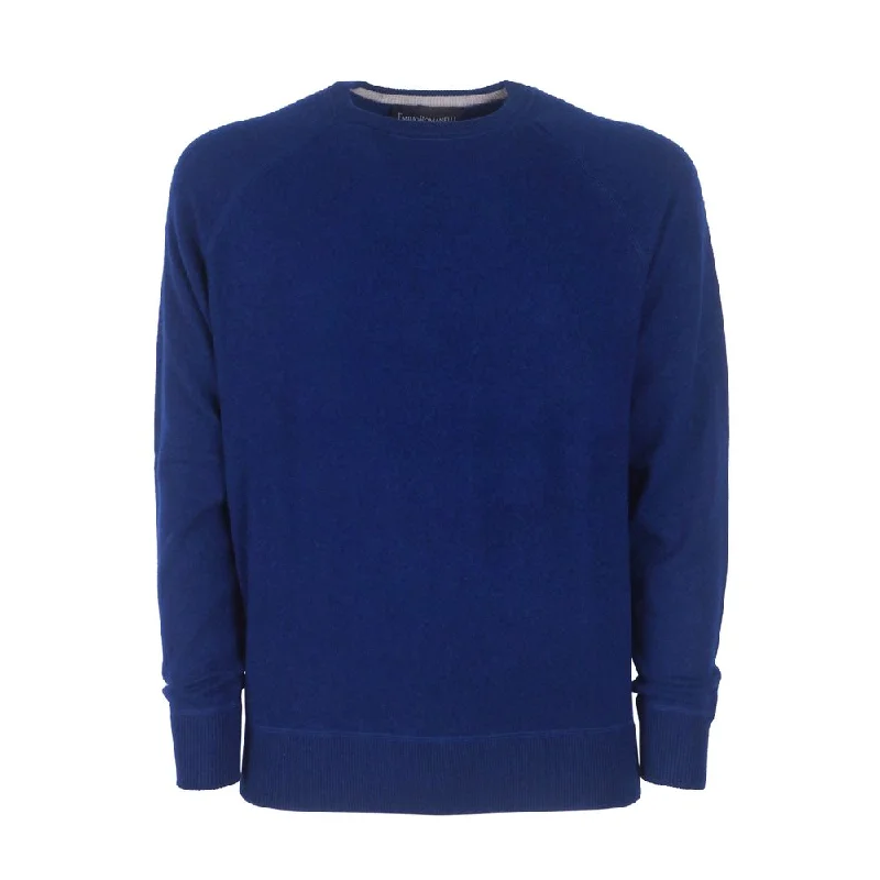 Navy Blue Cashmere Crew Neck Sweater - Slim Fit Real Fur Shearling Chenille