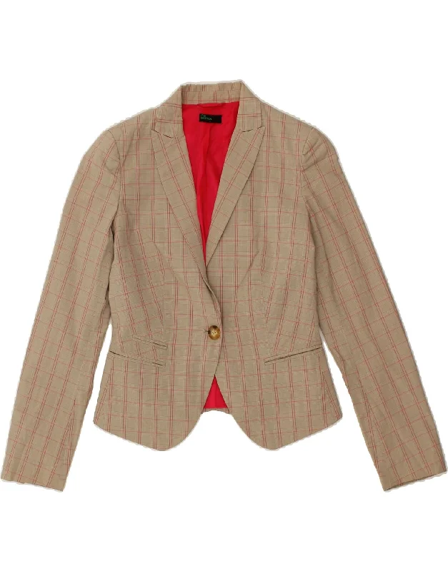 BENETTON Womens Loose Fit 1 Button Blazer Jacket UK 6 XS  Beige Check Cotton Fabric Linen Fabric Terry Fabric