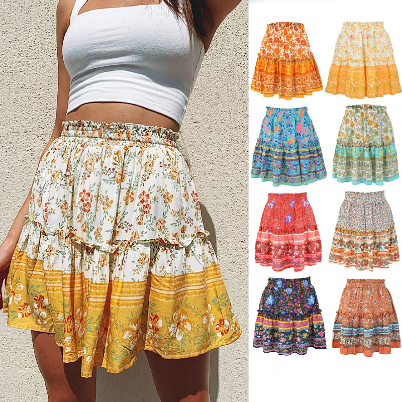 Vireous Bohemian Flower Print Mini Skirt, High Waist Ruffle Skirt silk skirt lustrous