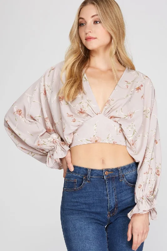 BLUSH BATWING LONG SLEEVES TIE BACK DETAIL WOVEN CROP TOP S8SS9916 Silk Blend Satin Velvet BLUSH BATWING LONG SLEEVES TIE BACK DETAIL WOVEN CROP TOP S8SS9916 Silk Blend Satin Velvet