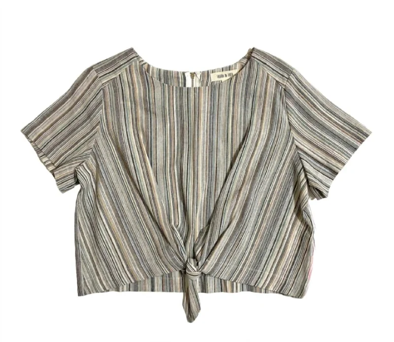 Women's Striped Linen Cotton Front Tie Short Sleeve Crop Top In Multicolor Striped Floral Plaid