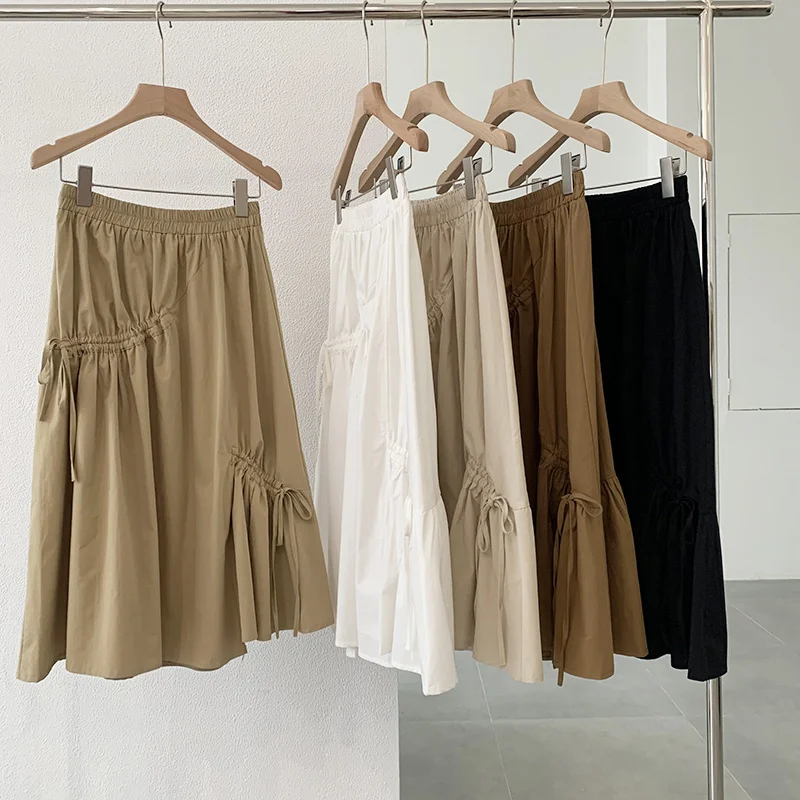 Women Vintage Boho Casual High Waist Irregular Drawstring Mid-Length A-Line Skirt linen skirt natural