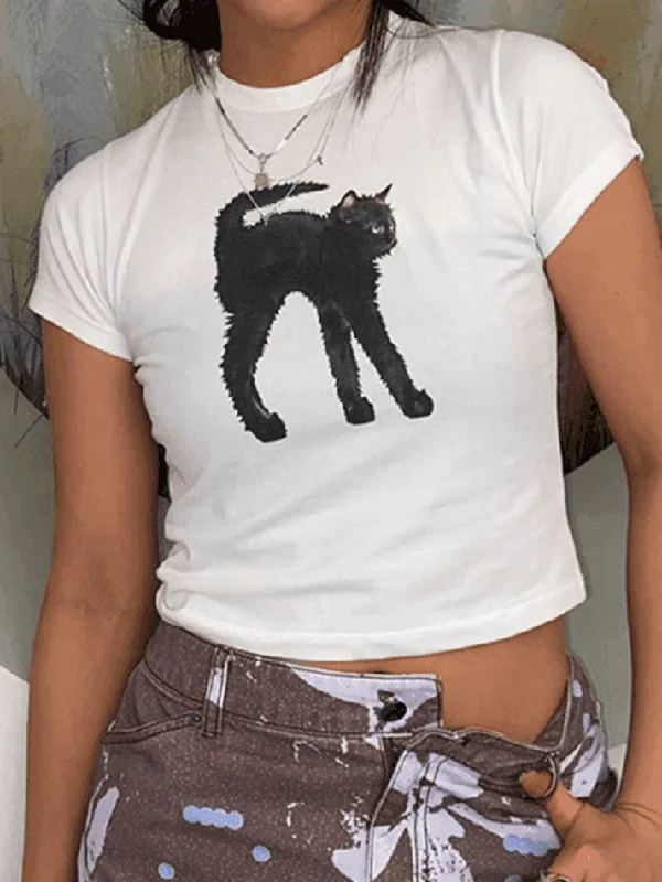 Black Cat Printed Crop Top Thin Crop Top Open Front Quick Dry