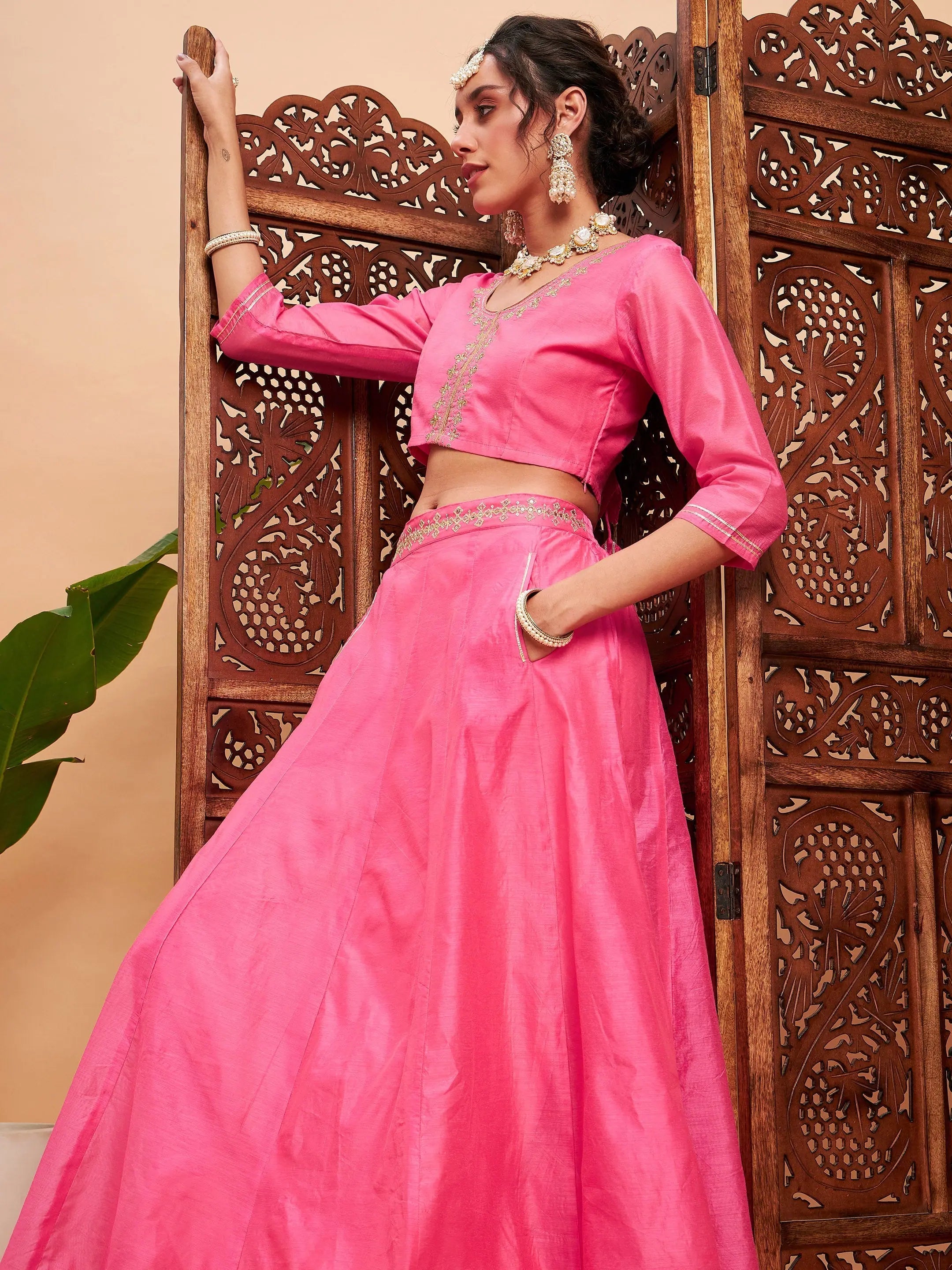 Women Pink Embroidered Anarkali Skirt With Crop Top Anti-Pilling Machine Wash Handmade Women Pink Embroidered Anarkali Skirt With Crop Top Anti-Pilling Machine Wash Handmade