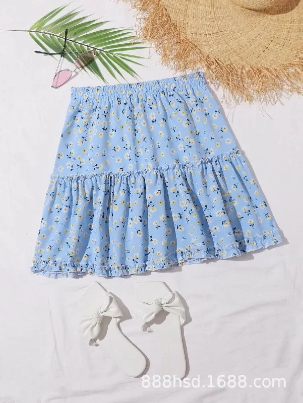 Women Summer Vacation Floral Print Chiffon Skirt mini skirt trendy