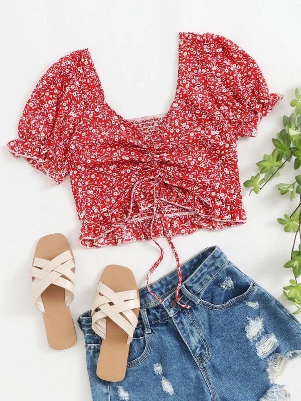 Drawstring Detail Ruffle Hem Puff Sleeve Crop Top Knit Fabric Woven Fabric Fleece Fabric Drawstring Detail Ruffle Hem Puff Sleeve Crop Top Knit Fabric Woven Fabric Fleece Fabric