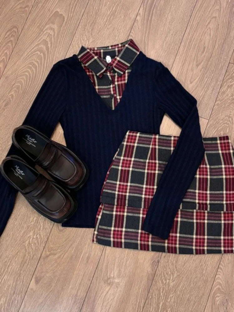 Advbridge Autumn Vintage Preppy Style Slim 2 Piece Set Women Chic Design Knit Sweater+check Mini Skirt Female Casual Patchwork Suit New Houndstooth Herringbone Solid