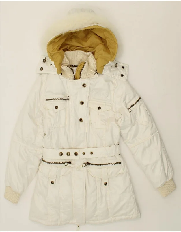 PHARD Womens Hooded Padded Jacket UK 1O Small White Polyester Herringbone Jacket Houndstooth Jacket Plaid Jacket