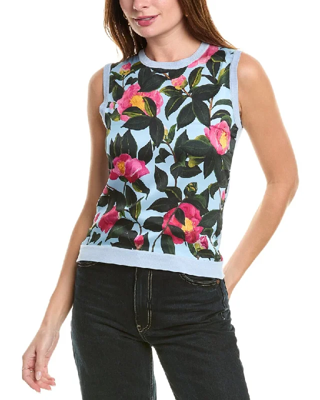 Oscar De La Renta Camellia Print Inset Silk-Blend Tank navy tank top