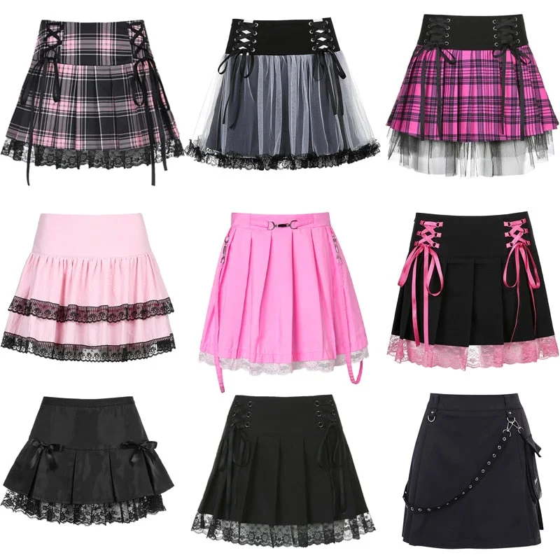 Gothic Lace Mini Pleated Skirt Women Punk Aesthetic High Waist A-Line Short Skirt 90s Vintage Harajuku Streetwear spandex blend skirt