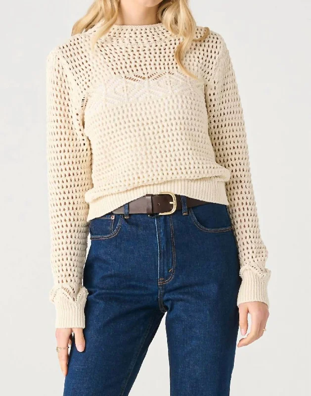Long Sleeve Mock Neck Crocheted Sweater In Ecru Zippered Front Buttoned Front Snap Front Long Sleeve Mock Neck Crocheted Sweater In Ecru Zippered Front Buttoned Front Snap Front