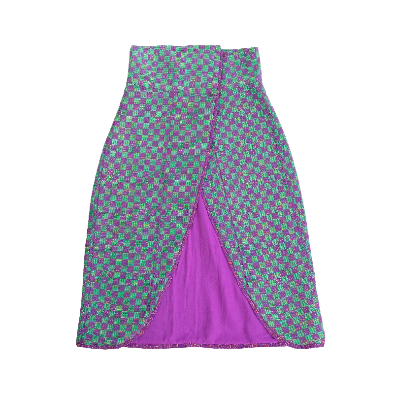 The Elsa II purple and green asymmetrical open-wrap skirt lace skirt intricate