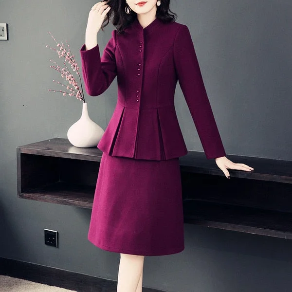 Womens Tweed Wool 2 Piece Skirt Suits silk skirt elegant