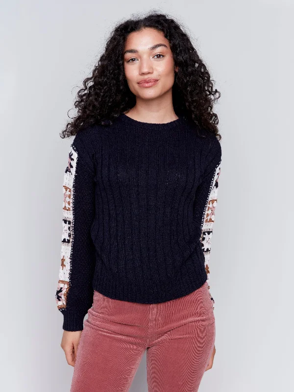 CROCHET SLEEVE SWEATER - NAVY High Neck Crew Neck V-Neck